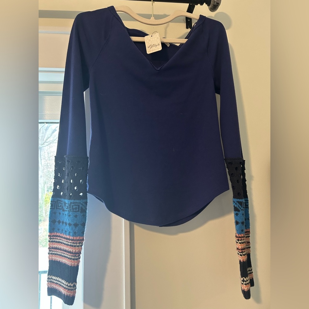 Free People Navy Long Sleeve Top with Patterned Sleeve Accents